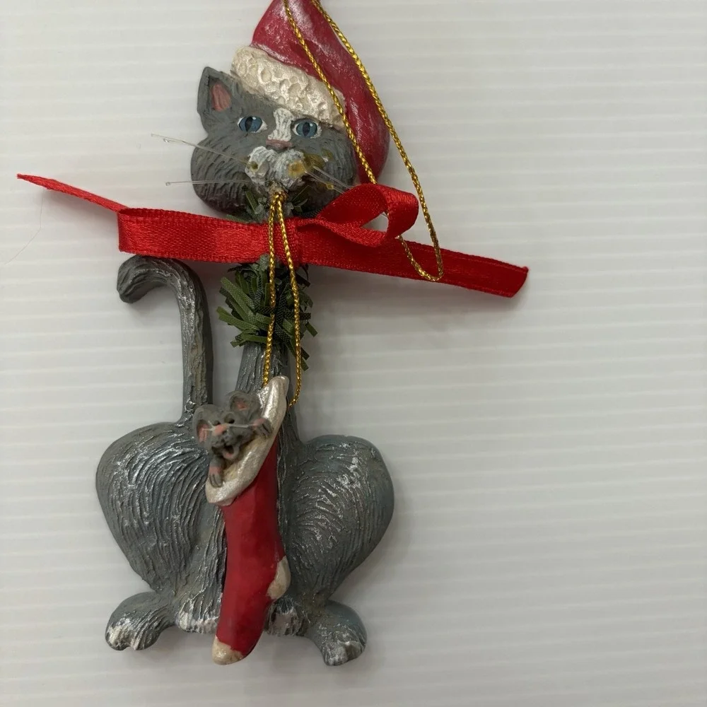 Vintage Kurt Adler Christmas Ornament Cat With Mouse In Stocking Holiday